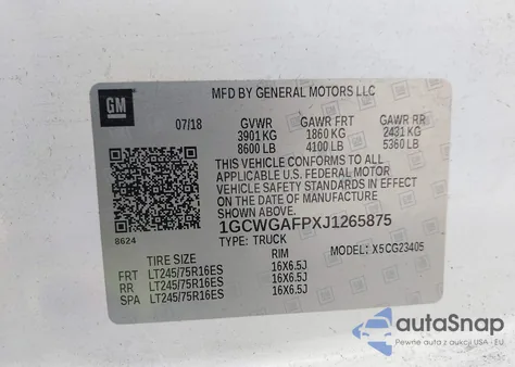 2018 Chevrolet Express 2500 Work Van z USA, uszkodzony, nr VIN 1GCWGAFPXJ1265875